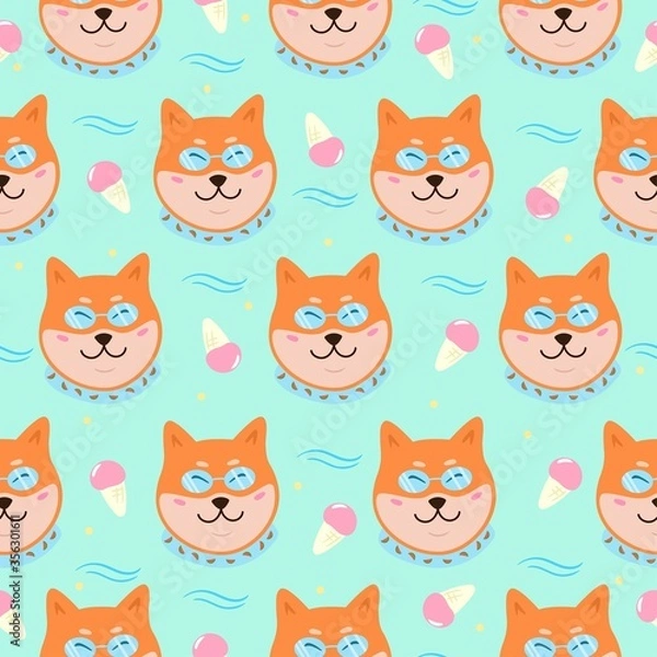 Fototapeta Summer seamless pattern with cute shiba inu dog in sunglasses and ice cream. Vector illustration for textile, wrapping paper, fabric.