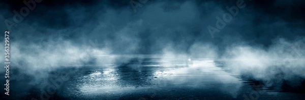 Fototapeta Dark street, wet asphalt, reflections of rays in the water. Abstract dark blue background, smoke, smog. Empty dark scene, neon light, spotlights. Concrete floor