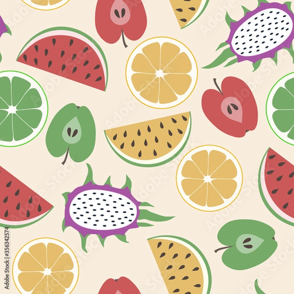 Fototapeta Seamless abstract pattern with hand-drawn colorful fruits