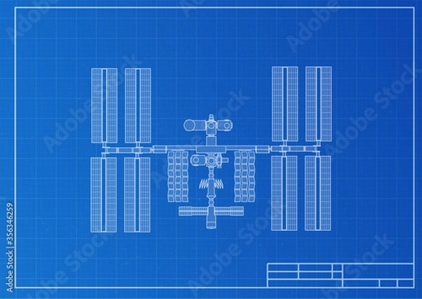 Obraz International Space Station plot on blueprint background. Vector illustration.