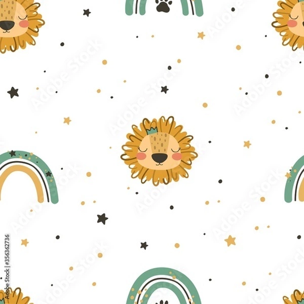 Fototapeta Seamless pattern with cute character lion and rainbow. Cute vector illustration for kids - lion. Ideal print for fabrics, textiles and gift wrapping Baby Shower