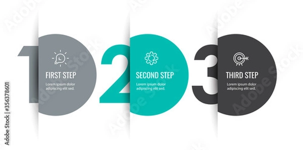 Fototapeta Projekt etykiety Infografika wektor z ikonami i 3 opcjami lub krokami. Infografiki dla koncepcji biznesowej. Może być używany do banerów prezentacji, układu przepływu pracy, diagramu procesu, schematu blokowego, wykresu informacyjnego