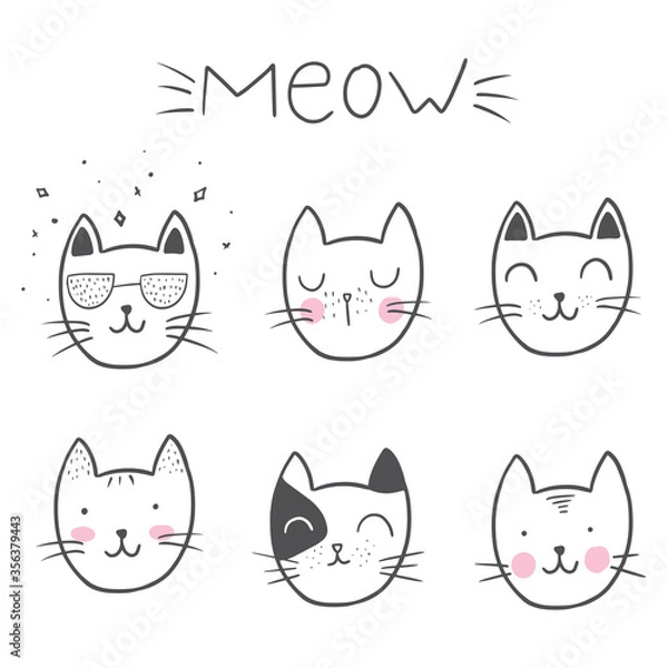 Fototapeta Cute Cat Doodle style illustrations. Set of Funny hand drawn cats.