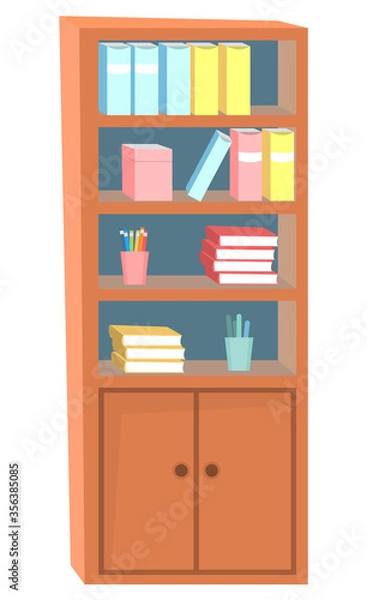 Fototapeta Bookshelf with many books and stationery. Bookcase made of brown wood or mahogany. Wooden furniture for classroom or home cabinet vector illustration