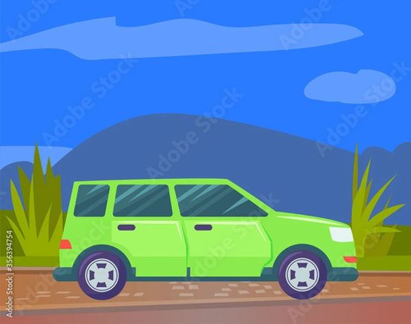 Fototapeta Car driving on road vector, flat style hotrod type of transport. Transportation on nature mountains, automobile riding on street with bushes vehicle illustration in flat style design for web, print
