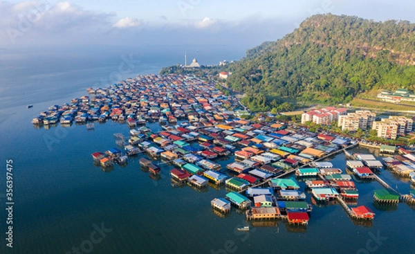 Obraz View of Sandakan City with Sandakan District Mosque and Kg. Sim Sim water village. Sandakan once known as Little Hong Kong of Borneo