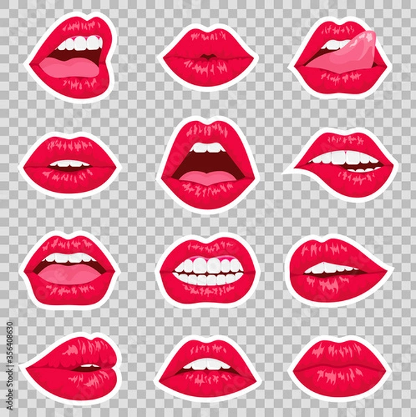 Fototapeta Red kissing and smiling cartoon lips isolated decorative icons for party presentation.  Sexy womans flat lips expressing different emotions