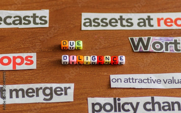 Fototapeta DUE DILIGENCE spelt using colorful letter beads with common business-related title from newspaper cuts. Selective focus on beads only.
