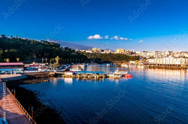 Fototapeta prewinter  breathtaking landscape view from the other end of Seasom Bridge backed by mountain view and blue sky and water at the backdrop