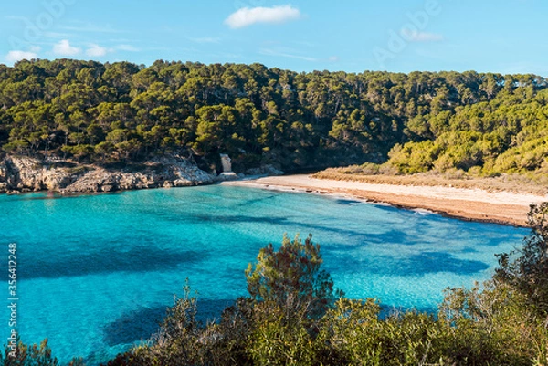 Obraz trebaluger beach, abandoned paradise beache in Menorca, a Spanish Mediterranean island, after the covid 19 coronavirus crisis