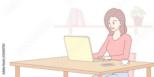 Fototapeta woman working from home office with laptop and phone on table, drinking coffee. freelance or studying concept. social networks. character sitting with outline design looking at computer.