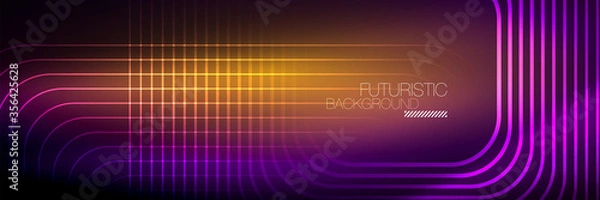 Fototapeta Shiny neon lines, stripes and waves, technology abstract background. Trendy abstract layout template for business or technology presentation, internet poster or web brochure cover, wallpaper