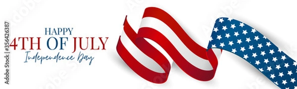 Fototapeta July 4th banner or header background. United States of America national flag and ribbon with stars and stripes. USA independence day celebration. Realistic vector illustration.