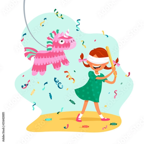 Obraz A girl with pigtails hits a pinata in the form of a unicorn. Cartoon vector illustration isolated on white background.