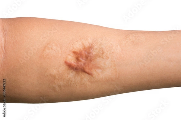 Obraz Close up Keloid scar (Hypertrophic Scar) on man arm skin after accident isolated on white background.