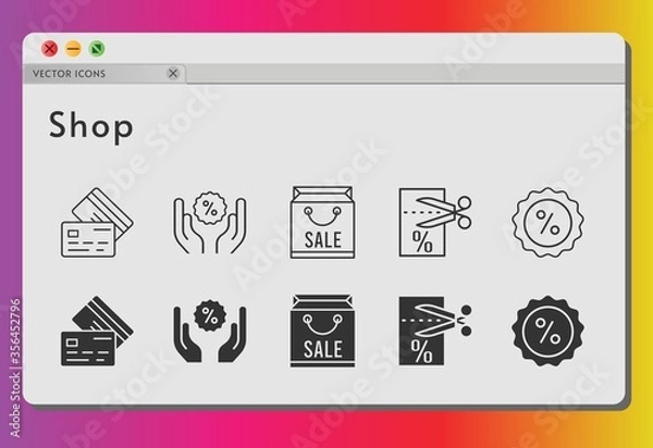 Fototapeta shop icon set. included shopping bag, voucher, discount, credit card icons on white background. linear, filled styles.