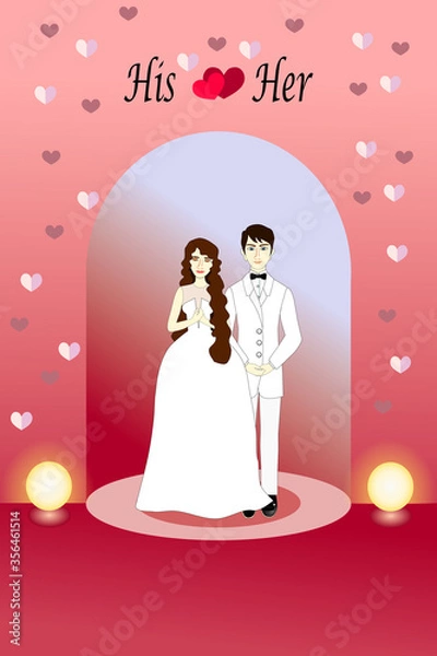 Obraz The drawing picture of the couple in white wedding suits on pink rose color tone with beautiful the cluster heart for background, cards, illustration.