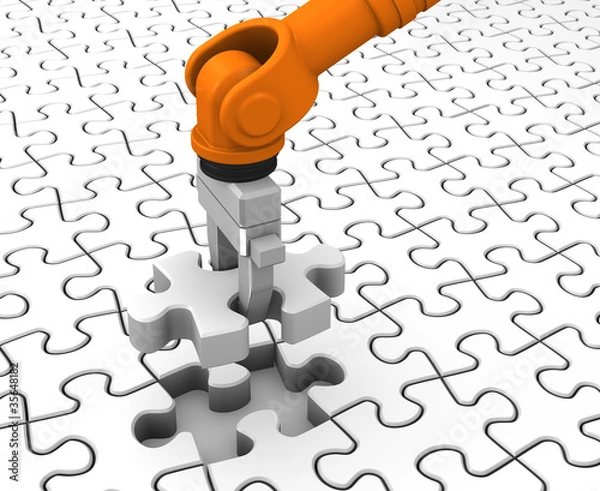 Fototapeta Robot holding jigsaw puzzle piece