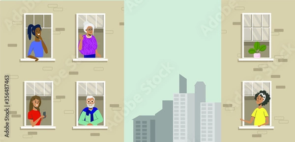 Obraz People in the window frames, residential building.