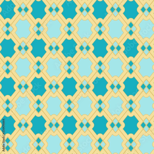 Fototapeta Vector seamless geometric pattern in blue and gold colors. Dainty rhombus tiles pattern in vintage style