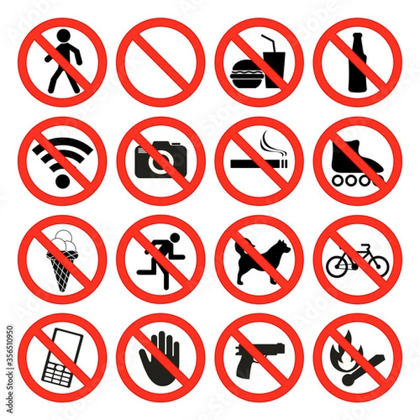 Fototapeta Znaki zakazu, nie palić, nie jeść, nie pić alkoholu. Znaki zakazu wchodzenia do sklepu, kina, plaży, w miejscach publicznych. Ilustracja na białym tle.