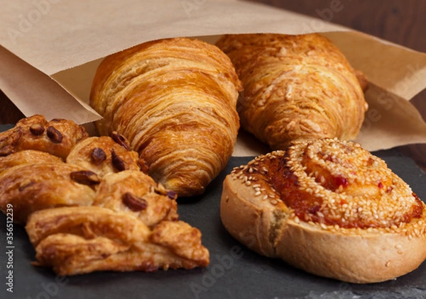 Obraz Croissants, snacks, hot and fresh, ready for breakfast with coffee.