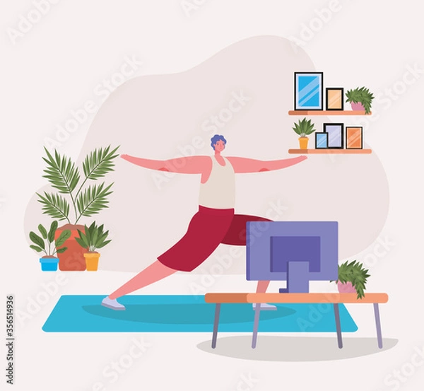 Fototapeta Man doing yoga on mat in front of tv design of Stay at home theme Vector illustration