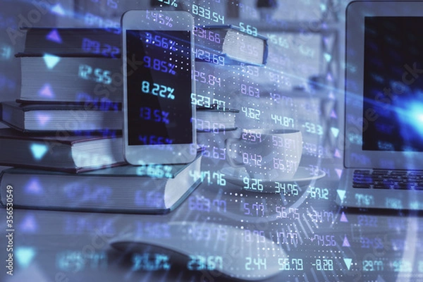 Fototapeta Double exposure of financial graph drawing and cell phone background. Concept of forex trading