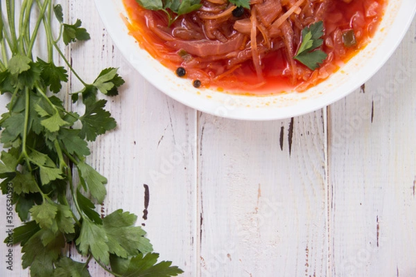 Fototapeta photo for menu, Ukrainian and Russian traditional beetroot soup - borscht with sour cream garlic pepper and sauce, Ukrainian borscht with sour cream, food background, Food and health