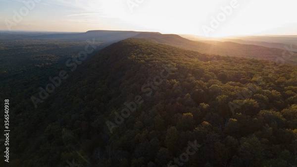 Obraz Drone shot of Delaware water gap PA river national park during summer fall foliage with sunset on the mountain side of forest view 