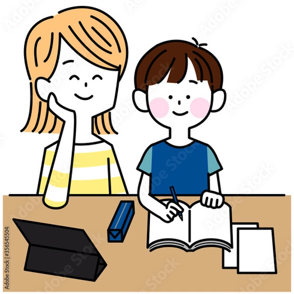Fototapeta 子供の勉強を優しく見守る母親
