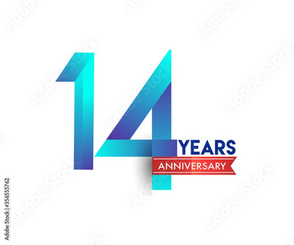 Fototapeta 14th Anniversary celebration logotype blue colored with red ribbon, isolated on white background.
