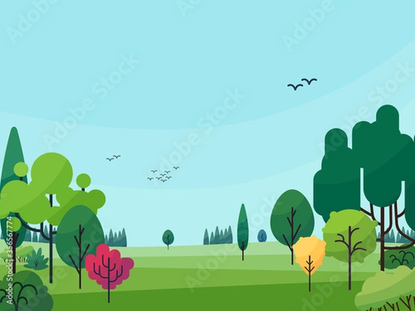 Fototapeta Landscape vector illustration. Various trees and bushes different shapes, colors and sizes on field. 