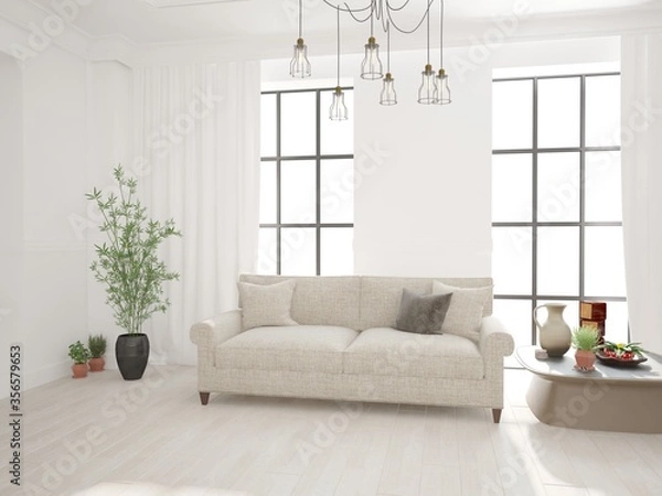 Fototapeta modern room with sofa,pillows,table,vase,plants and curtains interior design. 3D illustration
