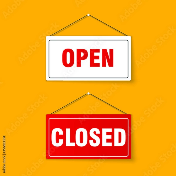 Fototapeta Realistic sign Sorry we are closed and Welcome we are open. Design closed banner on door store template. Abstract concept for businesses, site, shop services element. Realistic design template. Vector