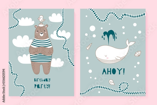 Fototapeta A set of two cards with a cute bear and whale