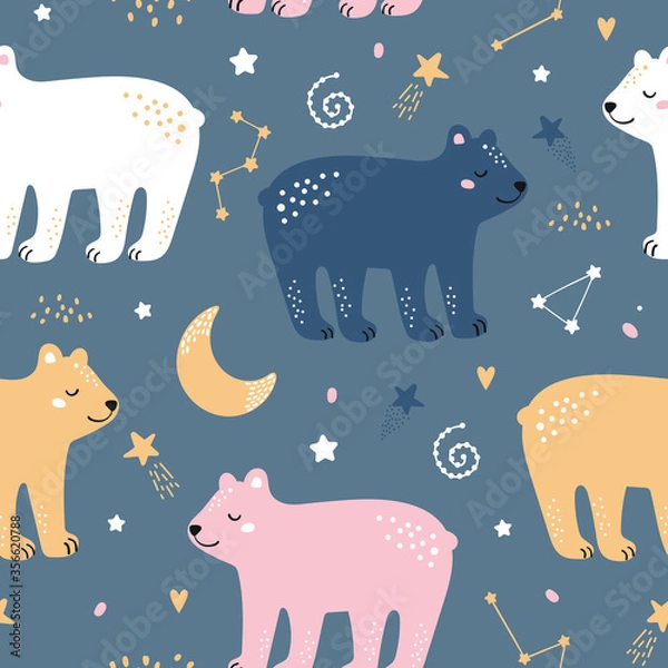 Fototapeta Childish seamless vector pattern with cute bear, stars, moon in Scandinavian style.