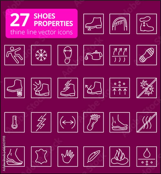 Fototapeta Shoes properties symbols. These icons indicate properties of footwear. Thin line icons. Editable strokes. Vector
