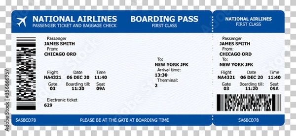 Obraz Boarding pass template with sample text and qr code. Air travel concept for travel design or business meetings. Vector paper boarding pass with tear line on transparent background.