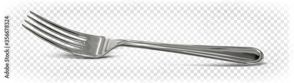 Obraz The food fork lies on the surface. Cutlery. Tableware. Vector 3d realistic chrome fork isolated on transparent background.