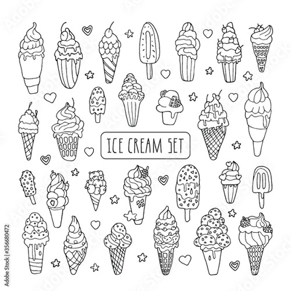 Fototapeta doodle large big set of ice cream black and white, Collection of cute vector hand-drawn cartoon ice cream. Cones and ice cream with different flavors made in doodle style.