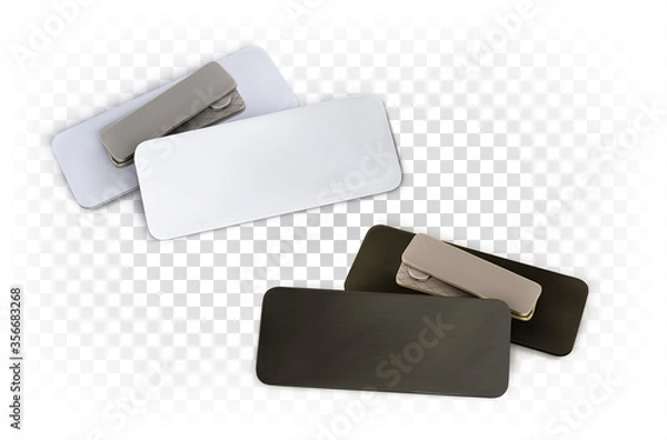 Obraz Vector realistic badge, mock up, template for identification. A plate for identifying a name, company, logo. Blank business template in white and black color isolated on a white background.