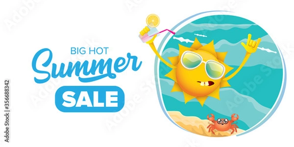 Fototapeta summer sale horizontal web banner or vector label with summer happy sun character holding cocktail