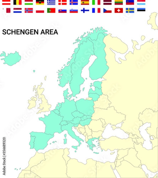 Fototapeta Map of Europe with the Schengen Area countries and flags