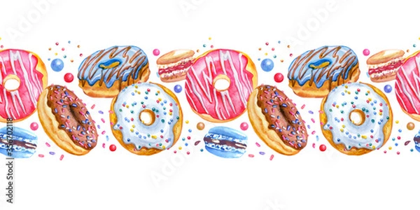 Fototapeta Seamless border of multi-colored donuts and macaroons on a white background, watercolor drawing, print for fabric, background for various designs.