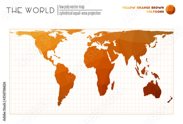 Fototapeta Triangular mesh of the world. Cylindrical equal-area projection of the world. Yellow, orange, brown colored polygons. Elegant vector illustration.