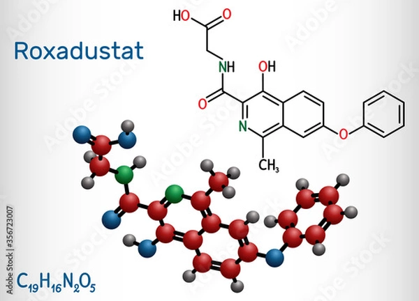 Fototapeta Roxadustat molecule. It is prolyl hydroxylase inhibitor, stimulates production of hemoglobin and red blood cells. Structural chemical formula and molecule model
