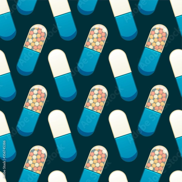 Fototapeta Flat style oval capsule pills seamless pattern on blue background