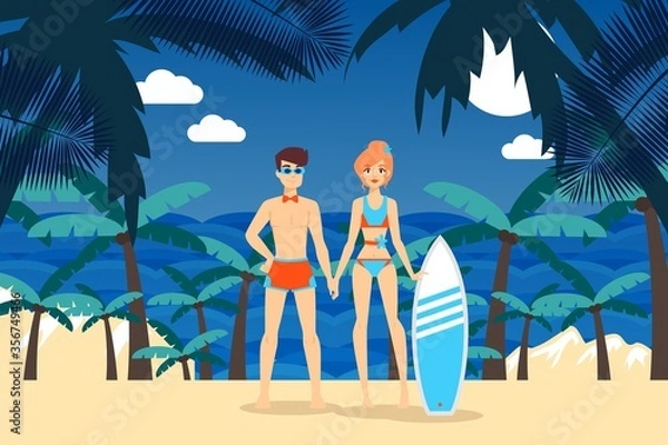 Fototapeta Sea activities result. Surfing on tropical island shore vector illustration. Man and woman in bathing suit standing on beach, board for riding on ocean waves. Vacation hobbies, sports activities.