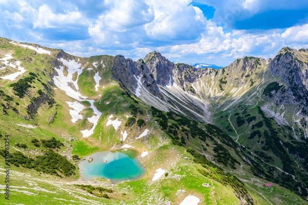 Fototapeta Beautiful landscape scenery of the Gaisalpsee and Rubihorn Mountain at Oberstdorf, View from Entschenkopf, Allgau Alps, Bavaria, Germany